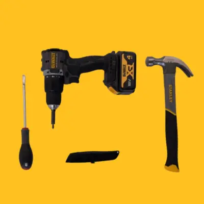 The set of tools needed to build your own bike shed: hammer, flat screw driver, power crew driver and Stanley knife.