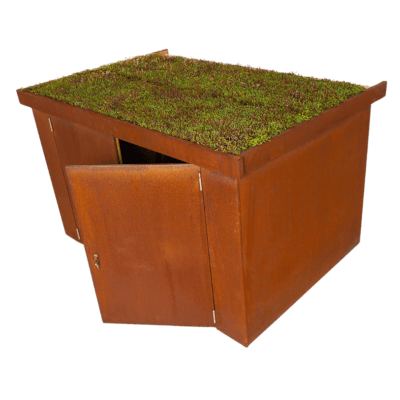A rendered image of a rust-colored corten steel bike shed featuring a sustainable green roof planted with wild flowers. The shed's door is slightly ajar, revealing an empty storage space.