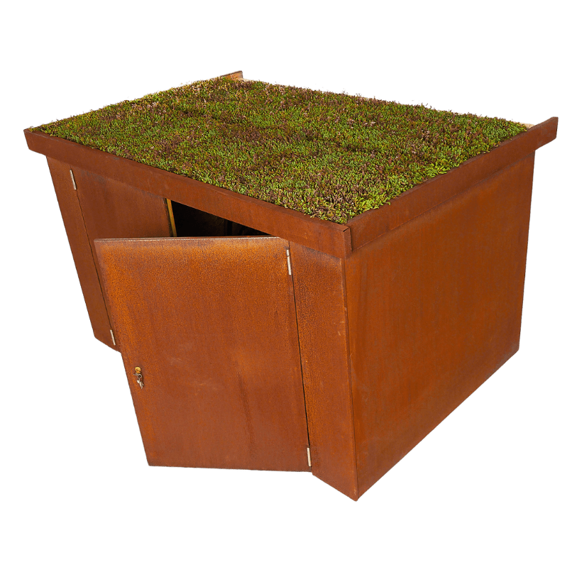 A rendered image of a rust-colored corten steel bike shed featuring a sustainable green roof planted with wild flowers. The shed's door is slightly ajar, revealing an empty storage space.