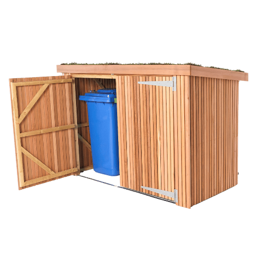 A rendered image of a wooden wheelie bin shed with one door open, revealing a blue recycling bin inside.